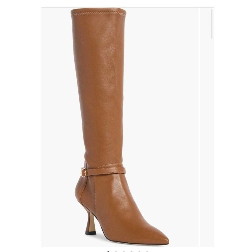 Stuart Weitzman Lori Tall Boots Tan Leather Pointed Toe Spool Heel Women Sz 9